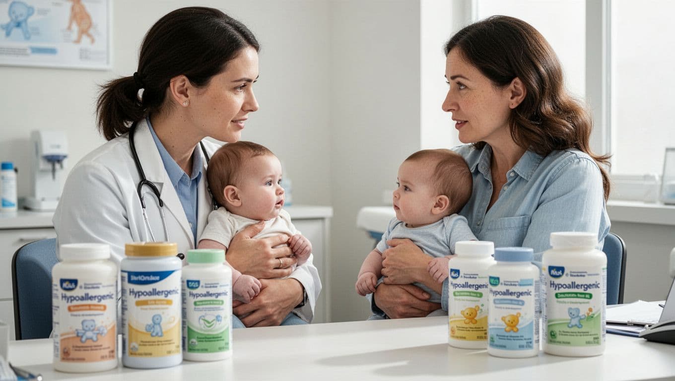 A pediatrician discusses formula options with a parent holding a formula-fed baby, featuring bottles of hypoallergenic formula on the desk in a reassuring clinic atmosphere.