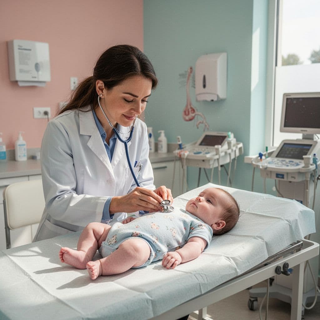 A kind pediatrician holds a stethoscope while gently examining a calm baby on an exam table.