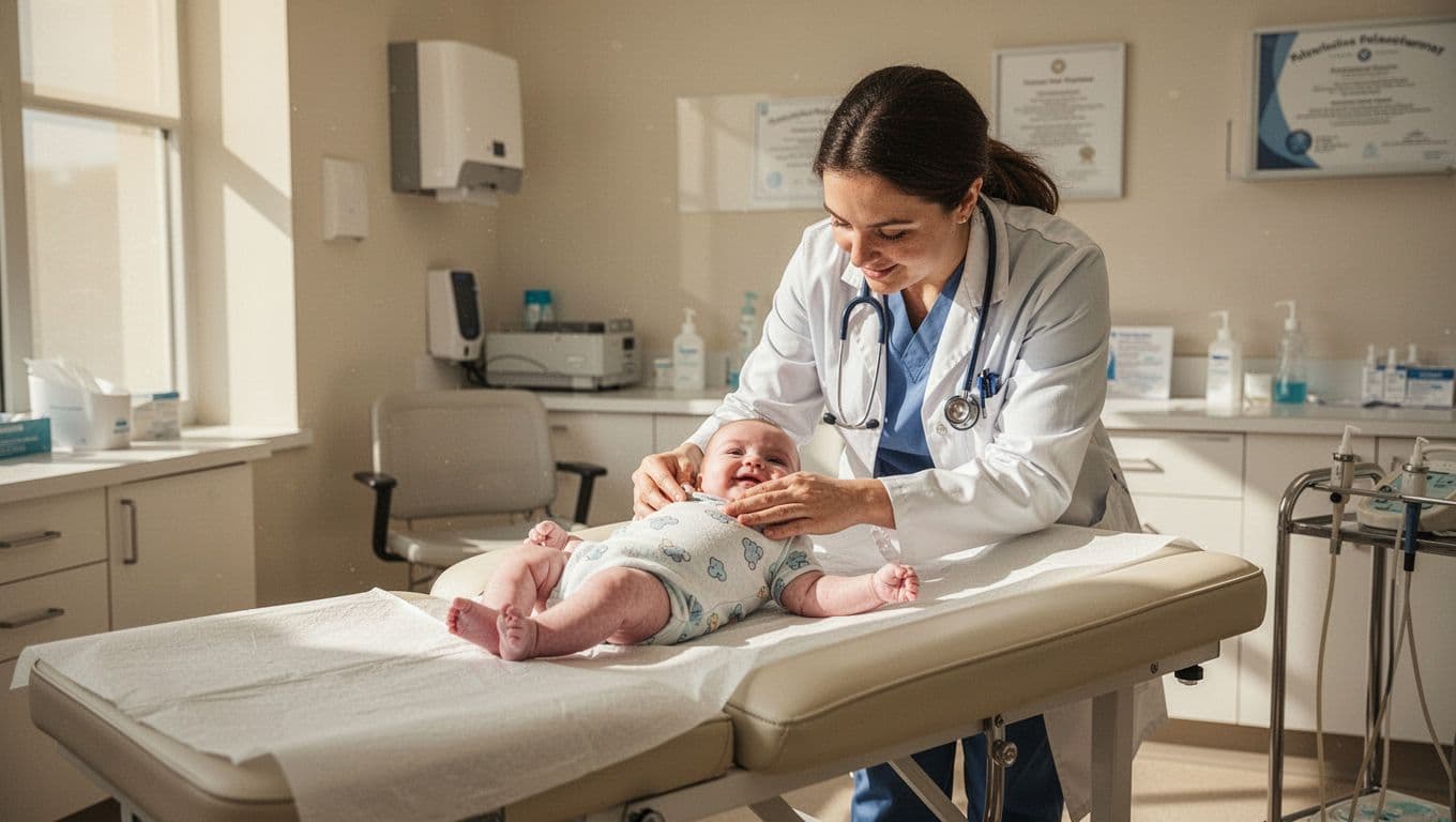 A doctor in a white coat leans over a padded exam table to check a smiling infant. The bright clinic room features soft lighting and professional medical equipment in the background.