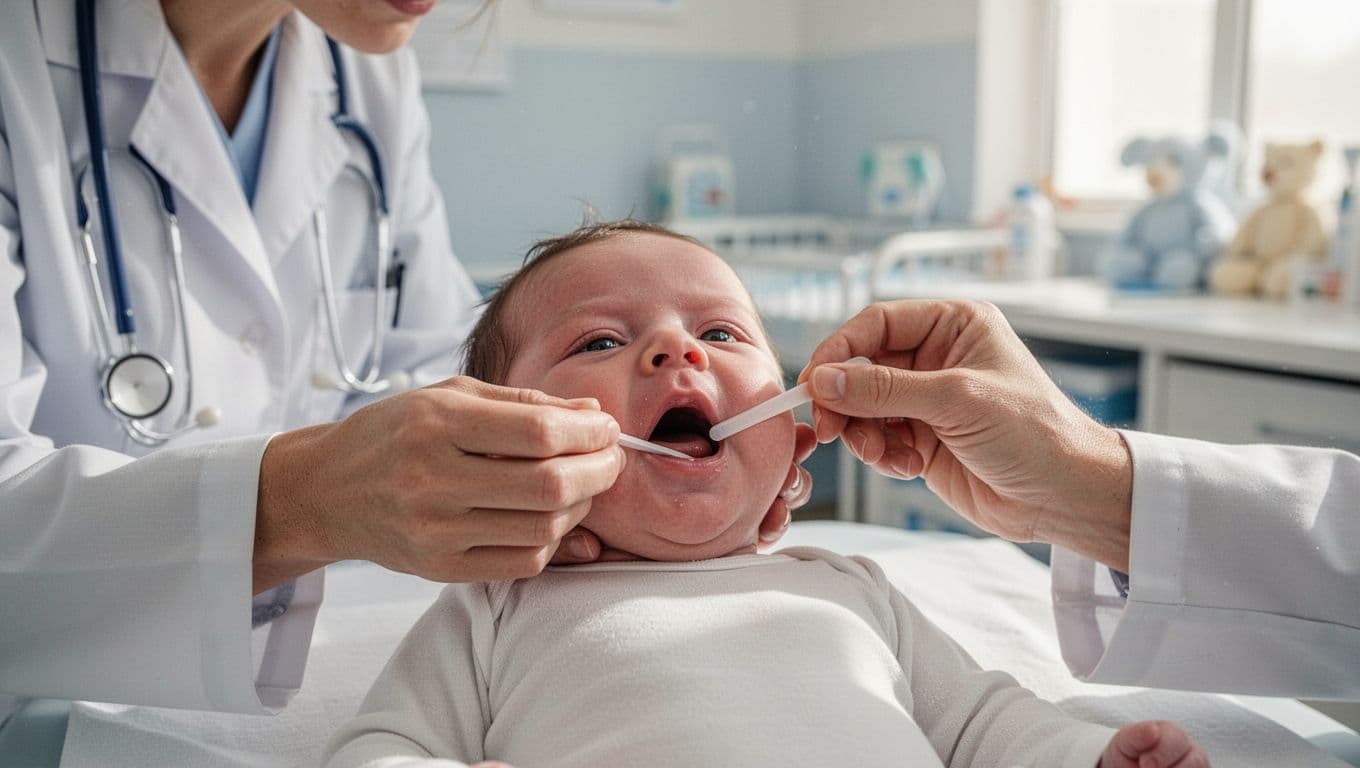 Pediatrician in white coat holds newborn baby's chin open with tongue depressor to inspect white-coated tongue, cheeks, and gums in bright clinic room.