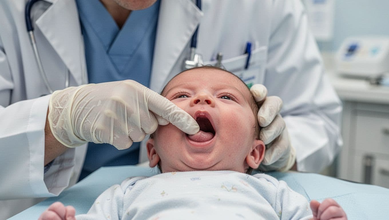 Gloved hand in white coat lifts newborn baby's wide-open tongue to reveal lingual frenulum and mouth floor.