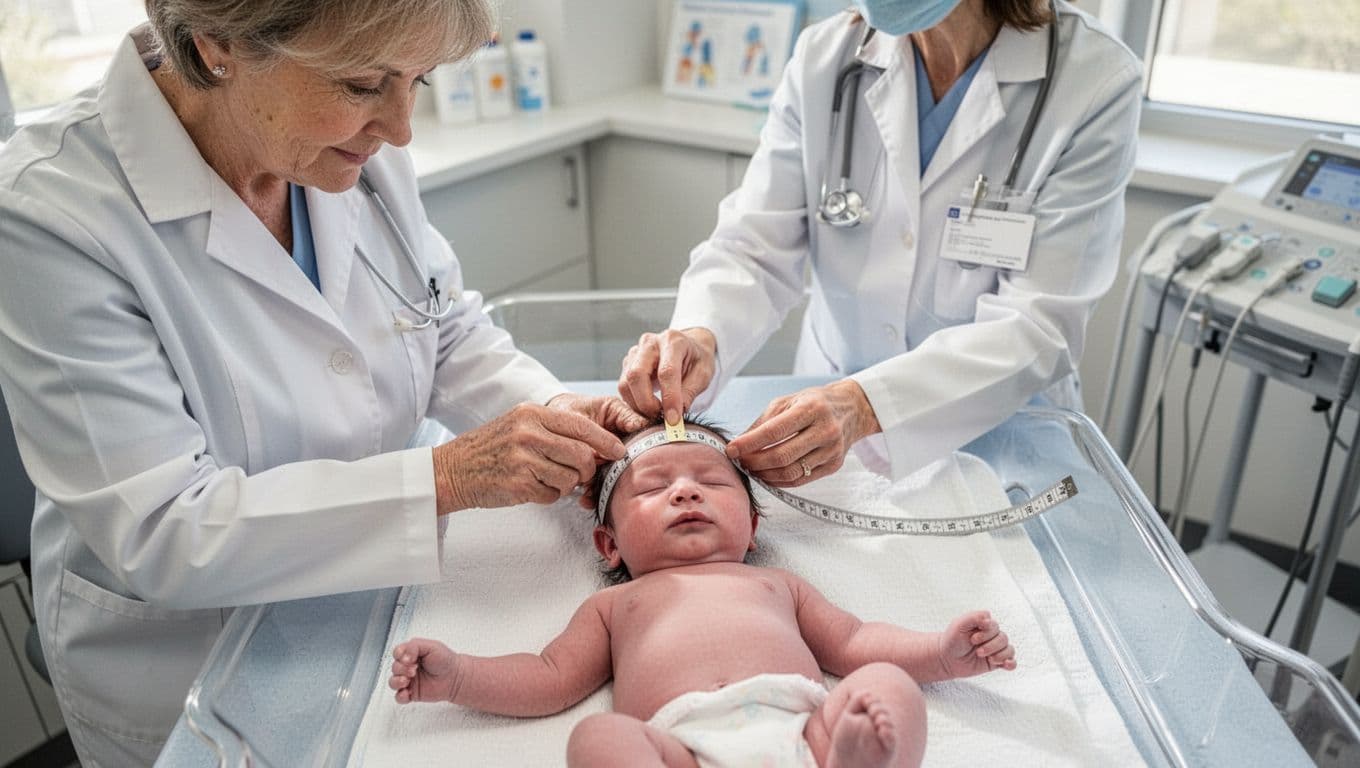 Top-view of female pediatrician using tape measure on calm newborn's head for circumference and alignment check on exam table.