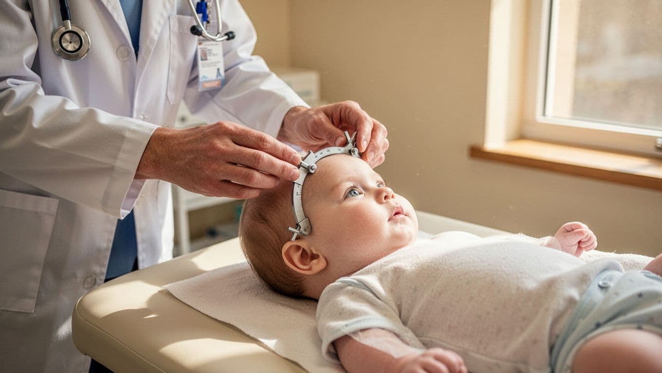 Pediatrician in white coat measures calm 5-month-old baby's head with calipers on padded exam table in sunny clinic.