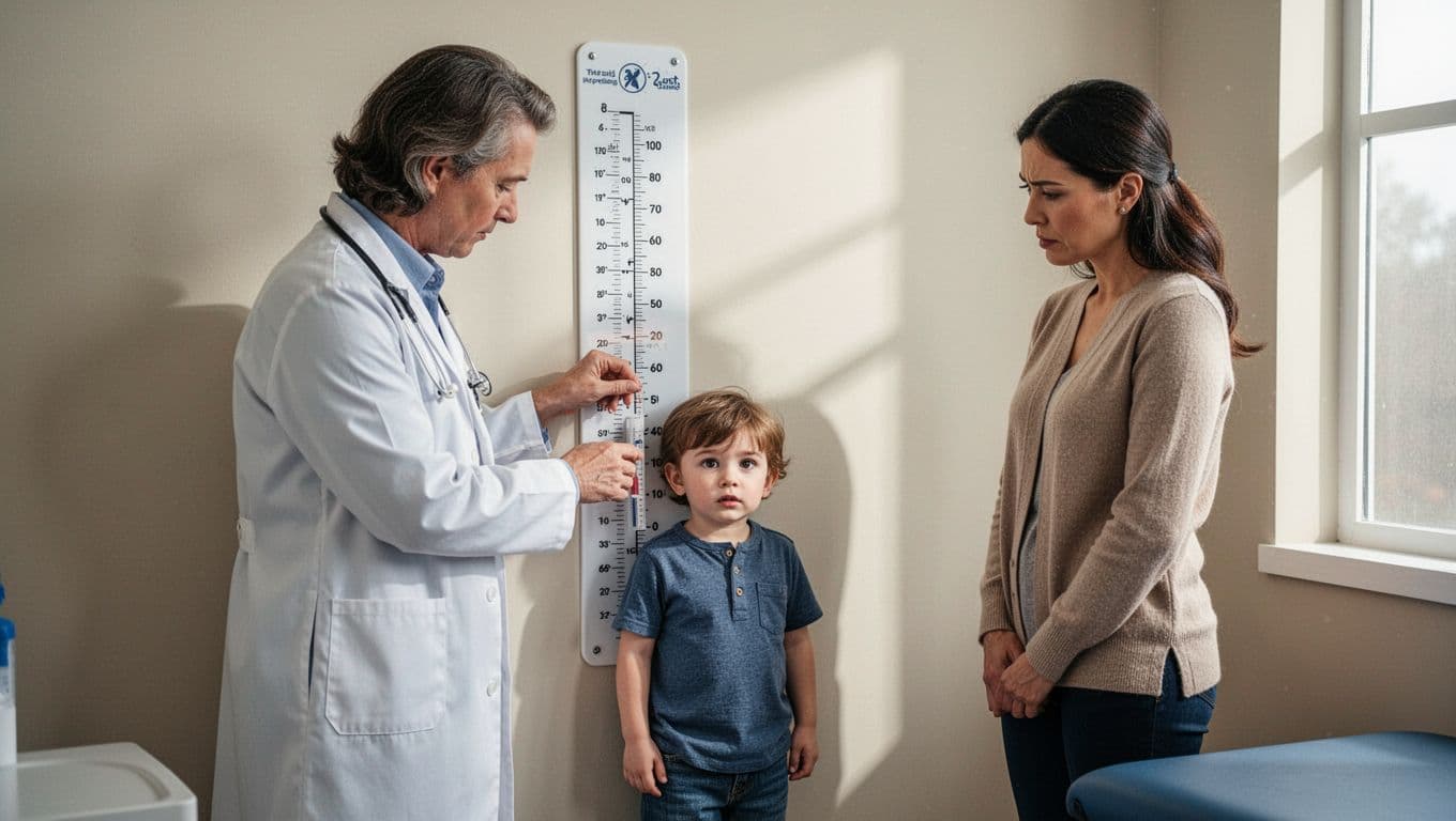 Pediatrician in white coat measures 2-year-old boy's height on growth chart as concerned mother watches in bright exam room.