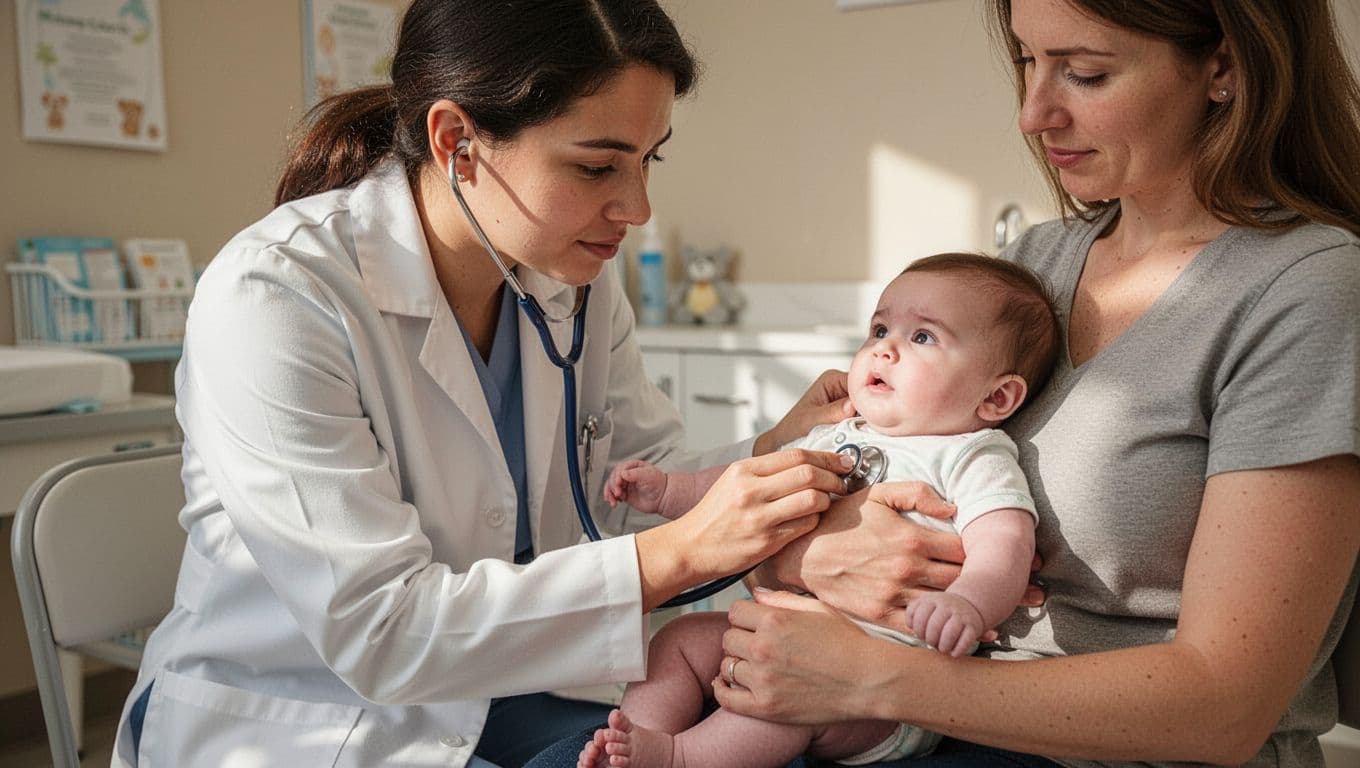 Pediatrician in white coat listens to infant's breathing with stethoscope while parent holds baby in calm office.