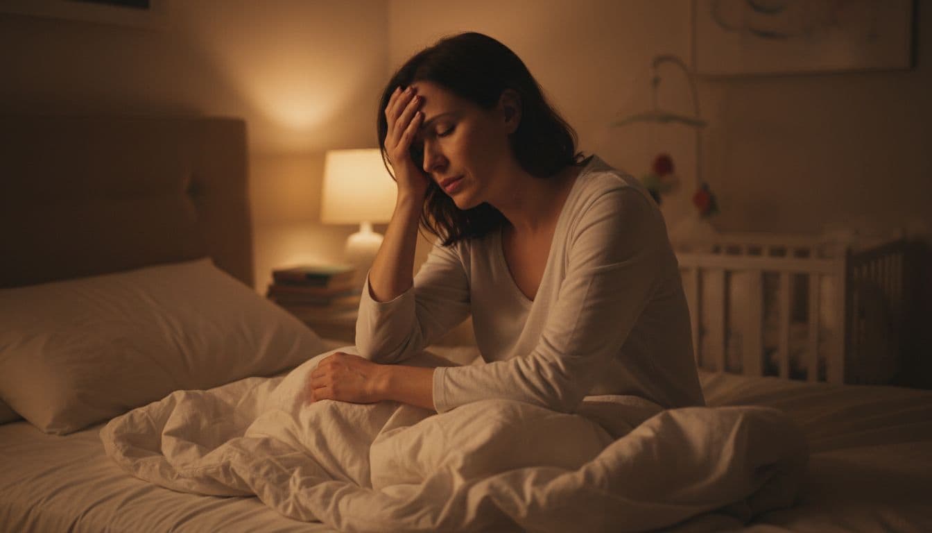 Woman in 30s sits on rumpled bed at night, hand on forehead in warm lamp light.