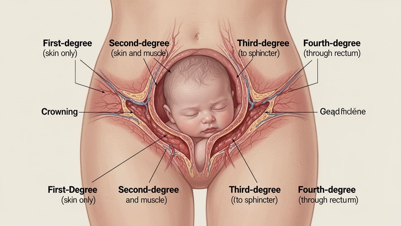 Cross-section shows first- to fourth-degree perineal tears with baby's head at crowning.