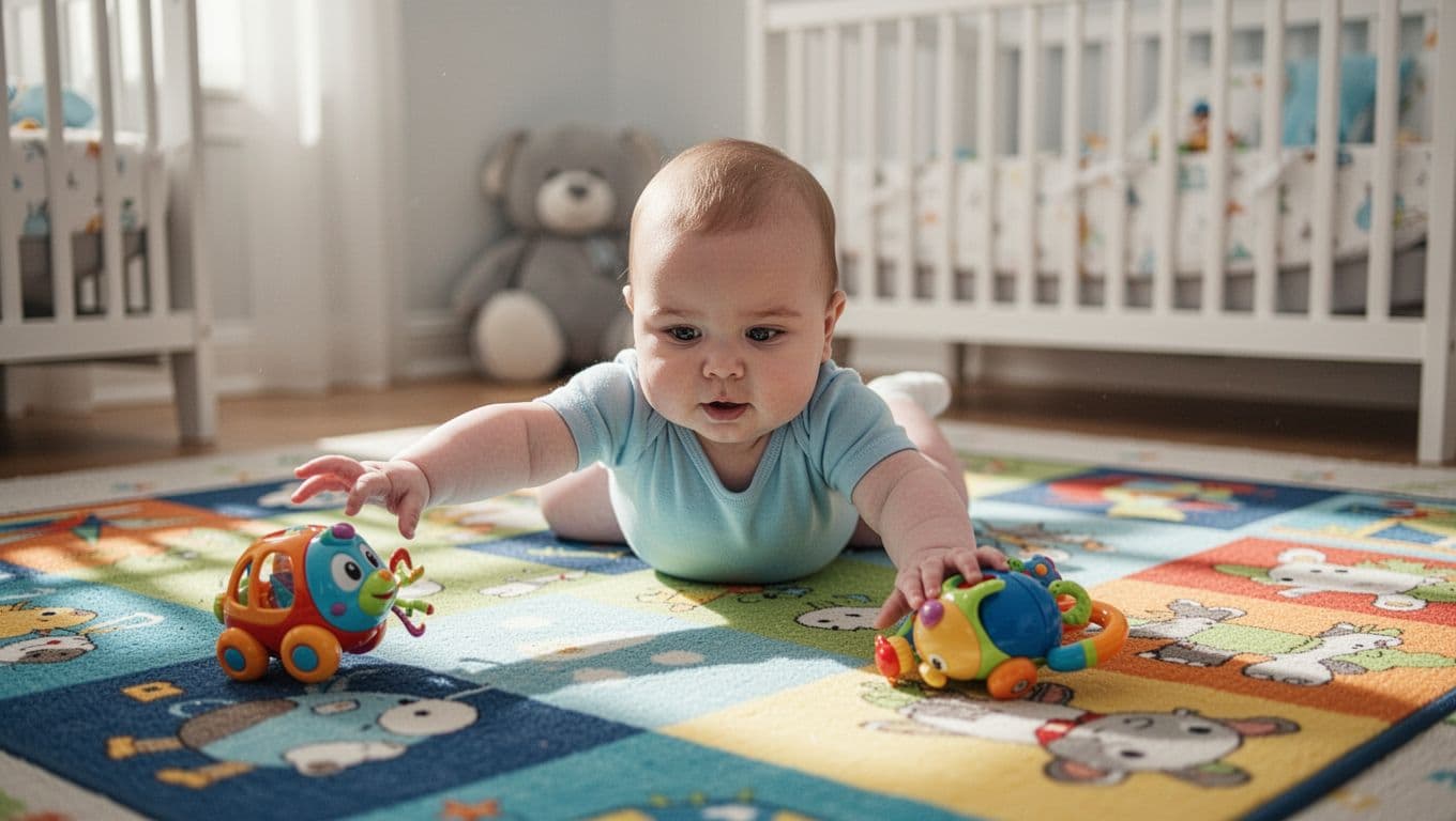 6-month-old baby on colorful play mat stretches arm, rolls, and switches hands to reach toy just out of grasp.