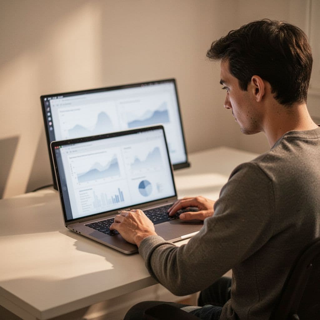 Person at minimalist desk looks at laptop screen showing blurry charts and graphs under warm lighting.