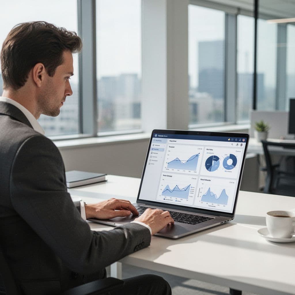 One person examines a clean professional dashboard on a laptop in a bright office.
