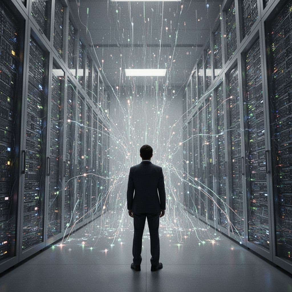 A person stands before giant illuminated server racks with flowing lights.