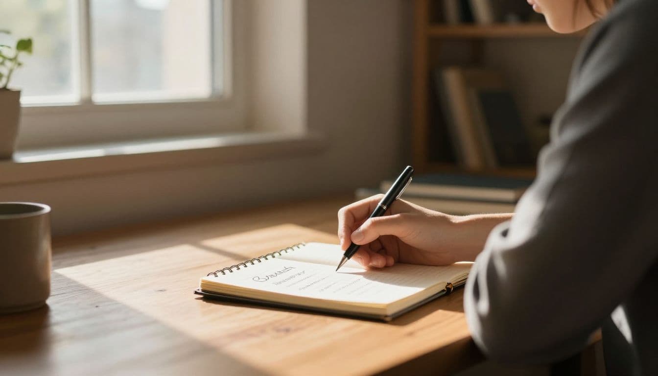 A person sits at a rustic wooden desk holding a pen over an open notebook. Golden sunlight streams through a nearby window, illuminating the paper while casting soft shadows across the room.