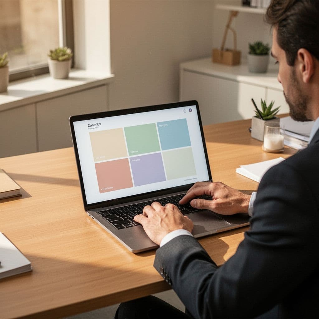A person uses a laptop to browse a clean website with clearly defined navigation categories.