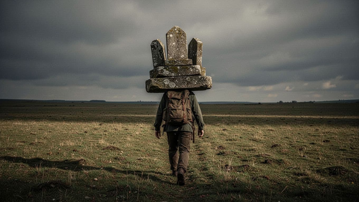 A lone figure treks across a desolate field, hunched under a massive, crushing stack of worn stone markers strapped to their back. Dramatic shadows emphasize the heavy, rhythmic struggle of travel.