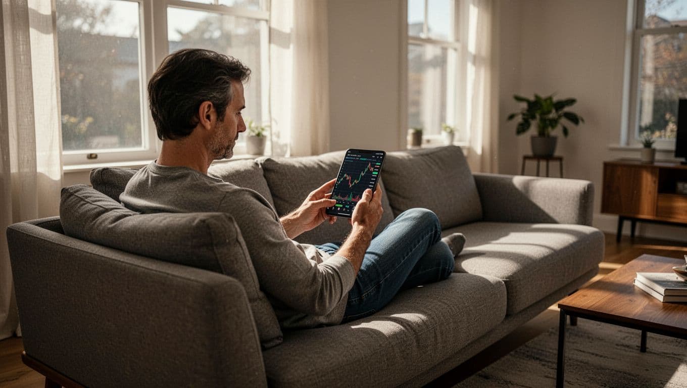 A calm individual sits in a sunlit living room, holding a smartphone to view financial charts. Deep shadows contrast with soft natural light, highlighting a peaceful and focused investment routine.