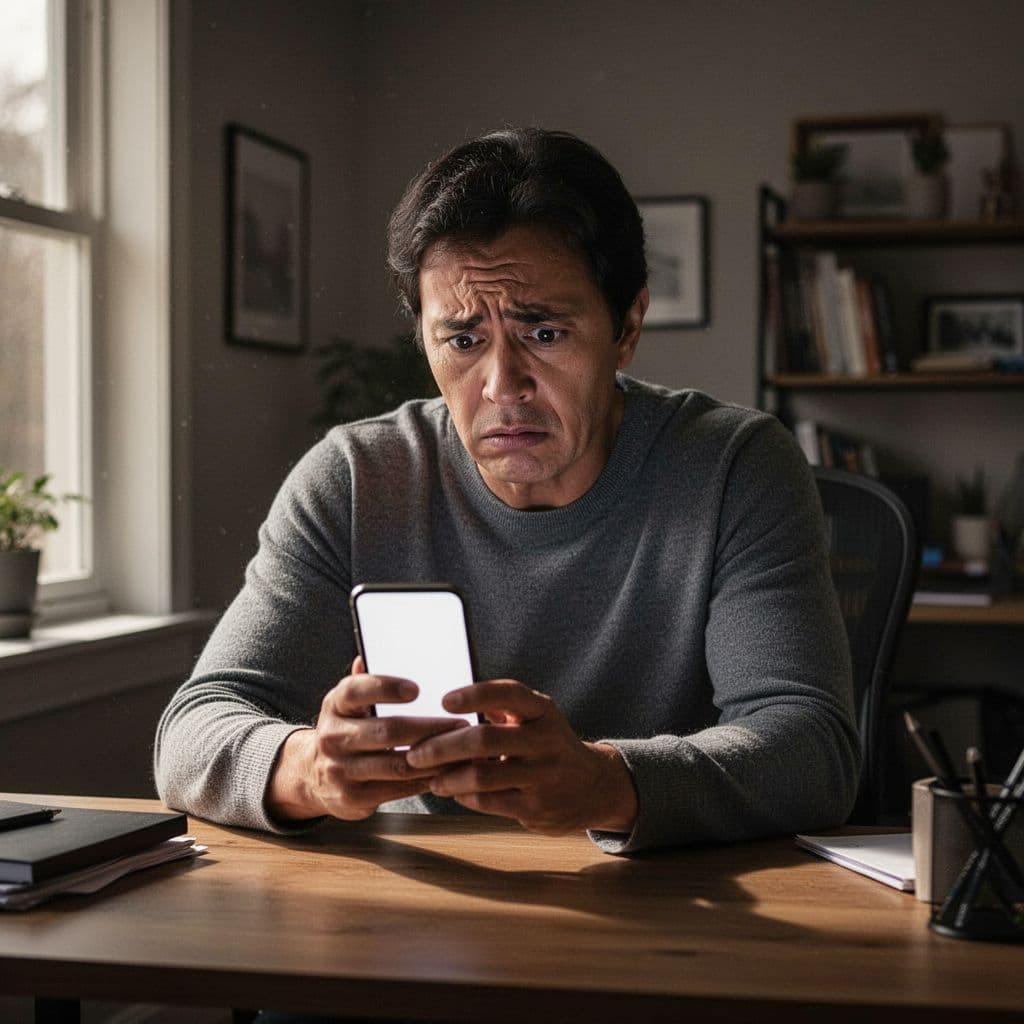 A person sits in a dimly lit office looking at a phone screen with a concerned expression.