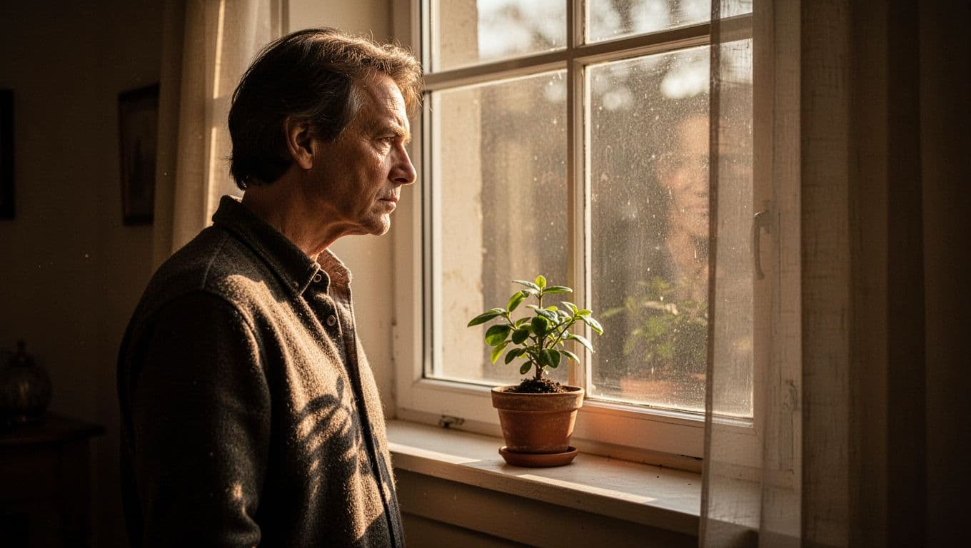 A person stands beside a bright window, gazing thoughtfully at a small green plant perched on the sill. Warm, cinematic golden light illuminates their profile, creating deep shadows across the room.