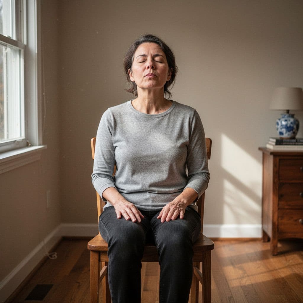 A person sits on a chair in a quiet room with eyes closed and hands relaxed in lap.