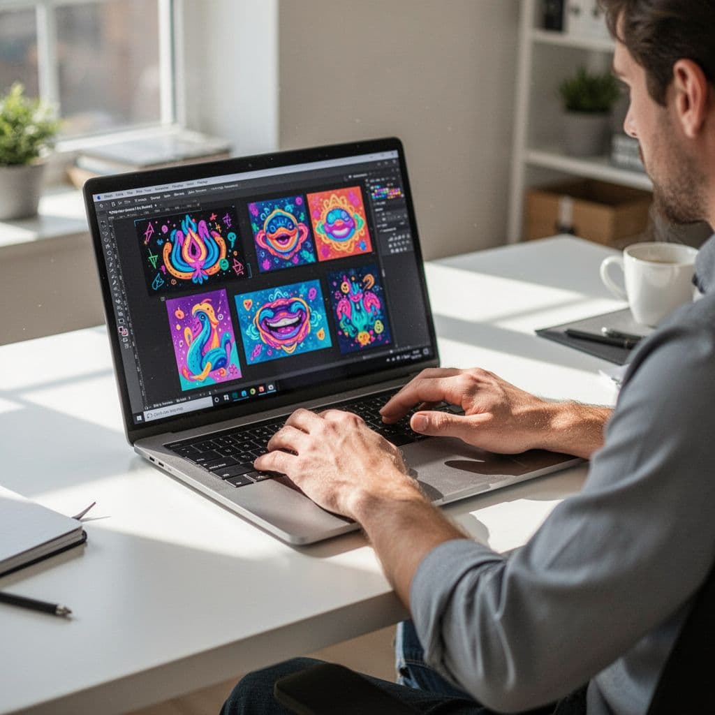 A person uses a laptop in a bright home office to create vibrant Pinterest pin designs.