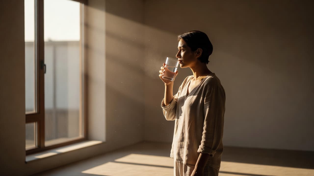 A person stands silhouetted against a bright, sunlit window during the early morning. They hold a clear glass of water, reflecting soft golden light that fills the quiet, minimalist living space.