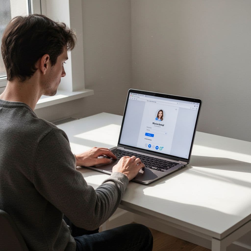 A person sits at a clean minimalist desk using a laptop to edit their online profile.