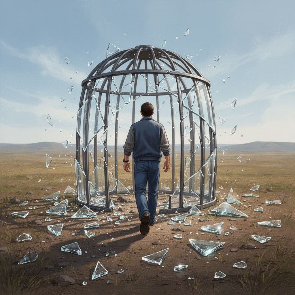 A person walks away from a shattered trap symbolizing a broken promise.