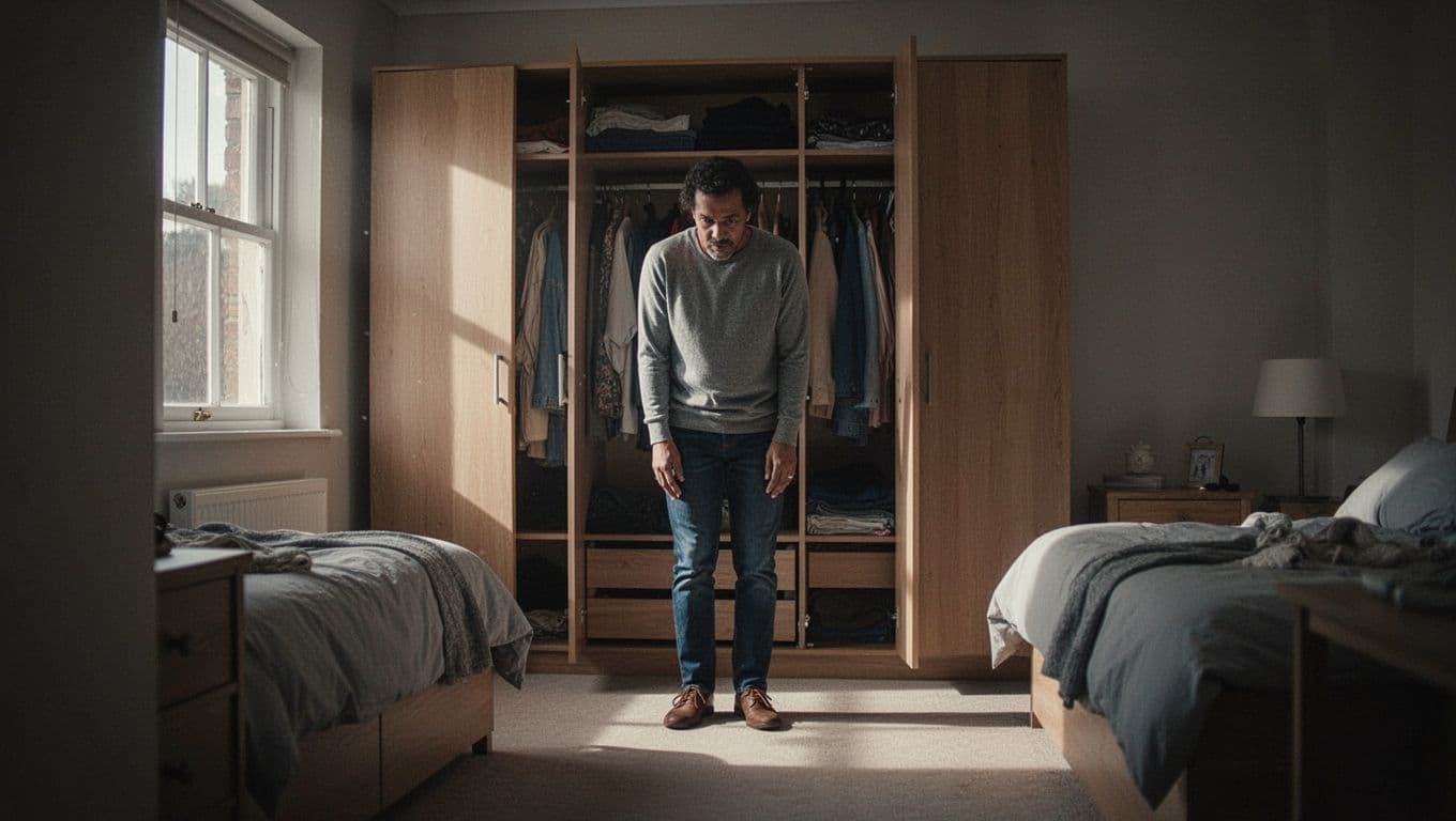 A person stands frozen before an open wardrobe, hand hovering over clothing. Dramatic side lighting from a nearby window creates deep shadows, highlighting the subject's pensive expression and internal emotional conflict.