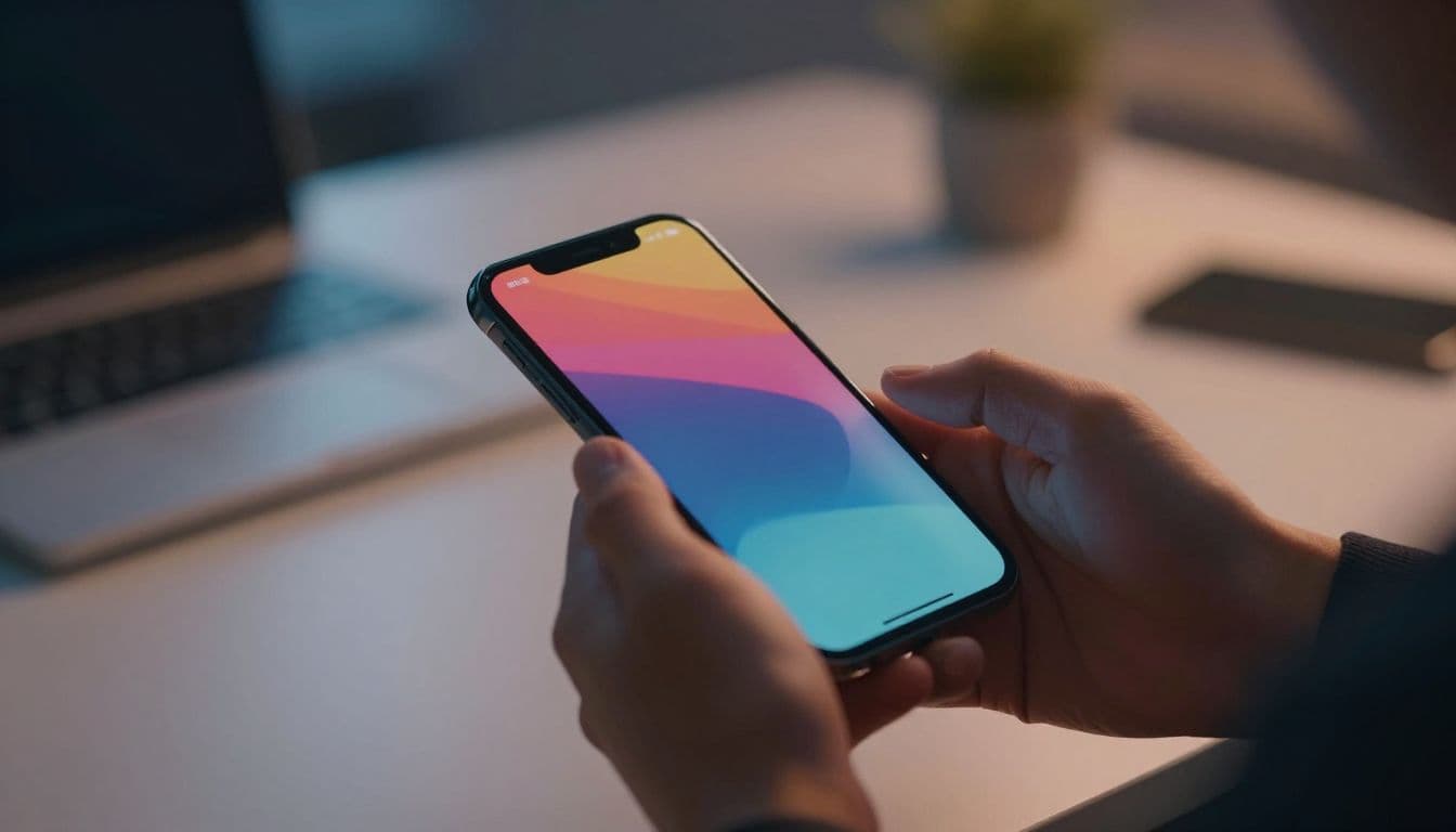 Close-up of hands gripping a sleek smartphone in a dimly lit office. Vibrant ambient light creates colorful reflections across the polished glass screen against a soft, out-of-focus background.