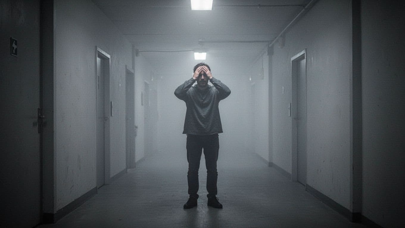 A solitary figure stands within a dimly lit hallway filled with swirling mist. The individual clutches their forehead with both hands, cast in deep shadows that emphasize a sense of confusion.