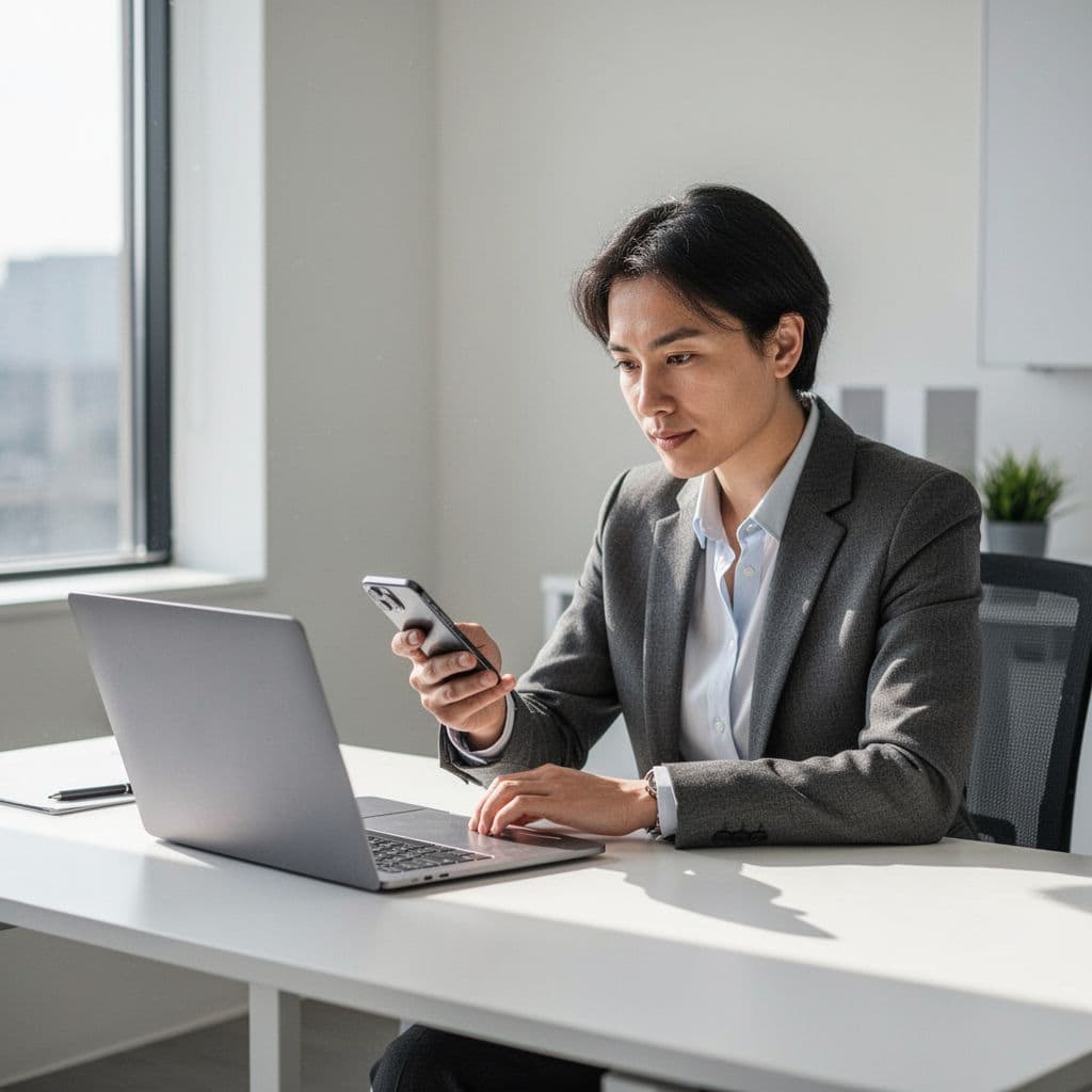 Person at bright desk views laptop screen while holding smartphone in minimalist office.