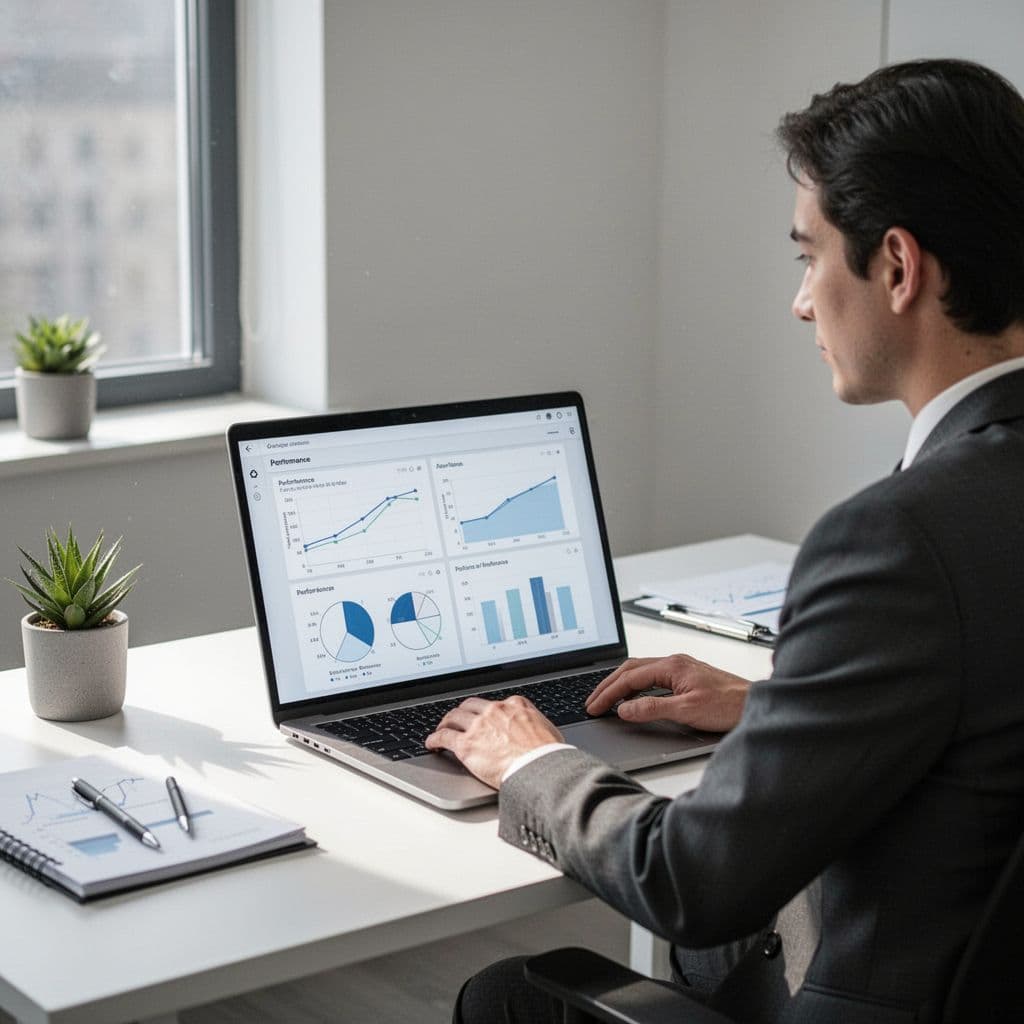 A person works at a desk looking at data charts on a laptop screen.