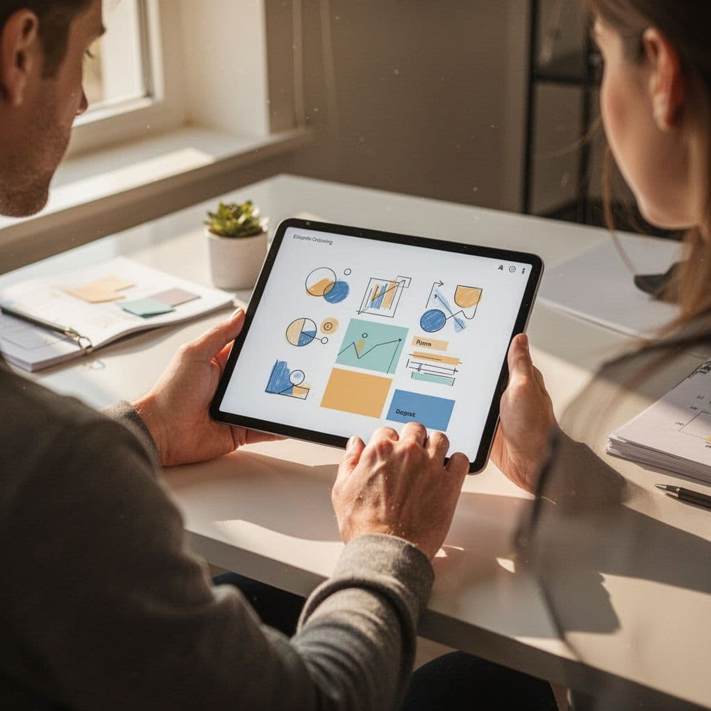 A person sits at a bright desk using a tablet to organize digital information.