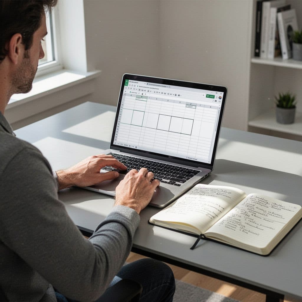 A person works at a bright home office desk using a laptop and notebook to organize data.