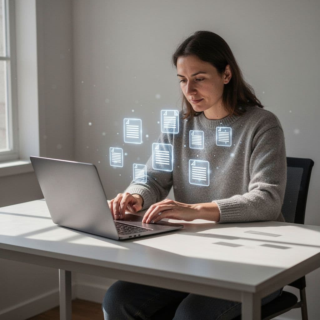 Person at desk arranges small glowing digital document icons on laptop screen in minimal workspace.