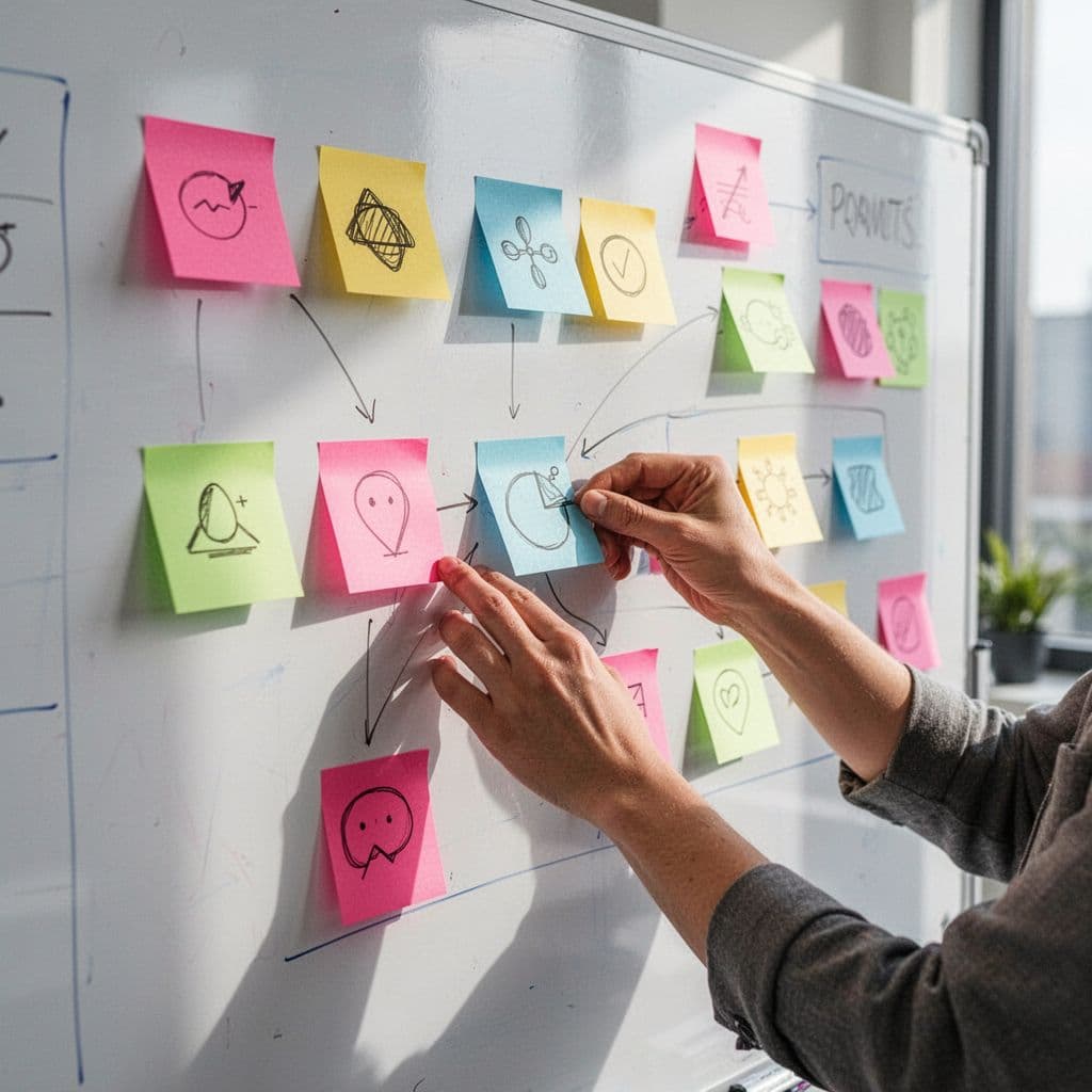 A person arranges colorful sticky notes with symbolic icons on a bright office whiteboard.