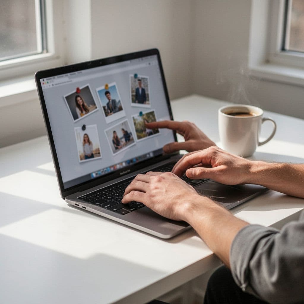Close-up of hands using a laptop to pin digital content on a minimalist white desk.