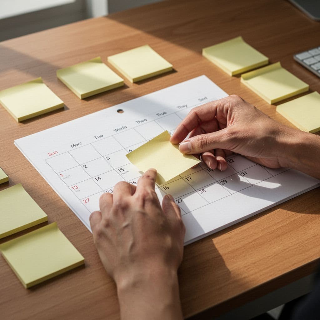 Hands move a sticky note to a new date on a paper calendar sitting on a wooden desk.