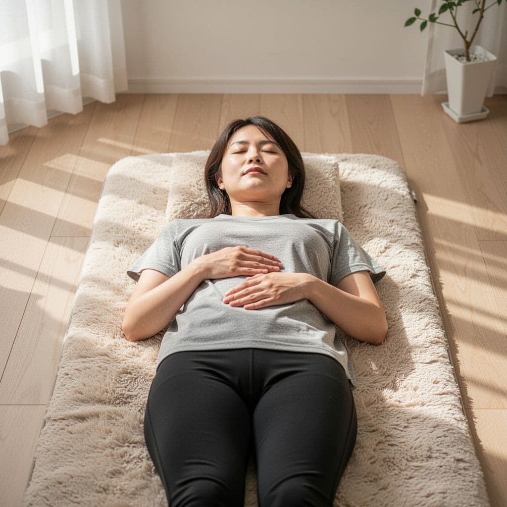A person lies comfortably on a floor mat with hands resting on their abdomen in a sunlit room.