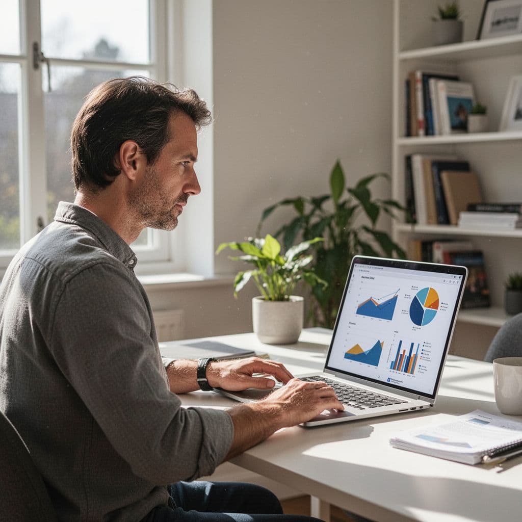 Side view of a person focused on data analytics on a laptop screen in a bright home office.