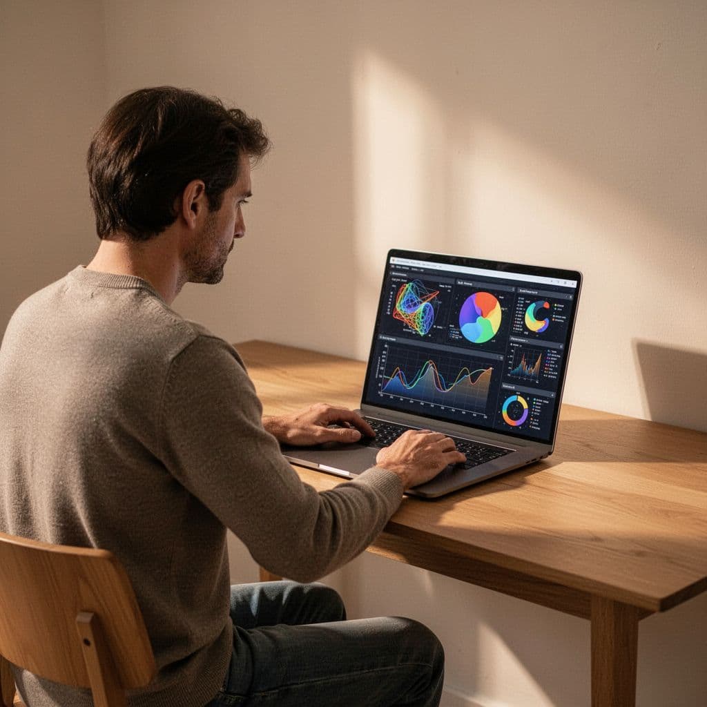A person sits at a wooden desk viewing data analytics on a laptop screen.