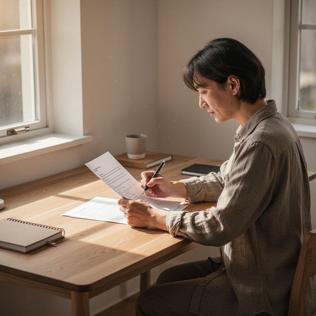 Person sits at wooden desk holding pen and looking at printed blog topics list in tidy workspace.