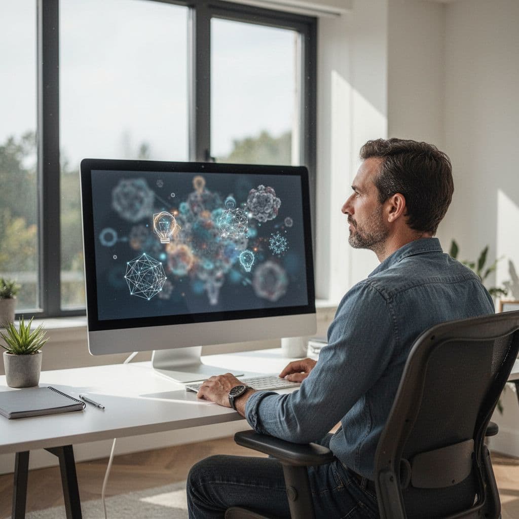 A person in a modern home office gazes at a screen showing a list of brainstormed content topics.