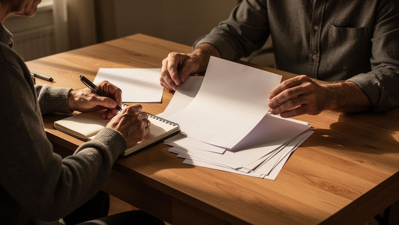A person sits at a minimalist wooden desk focused on a paper document, holding a pen. Dramatic warm lighting highlights the textured paper and notebook in this quiet, professional study space.