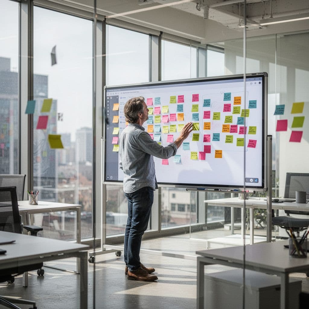 A person looks at a digital whiteboard with various sticky notes in a bright modern office.