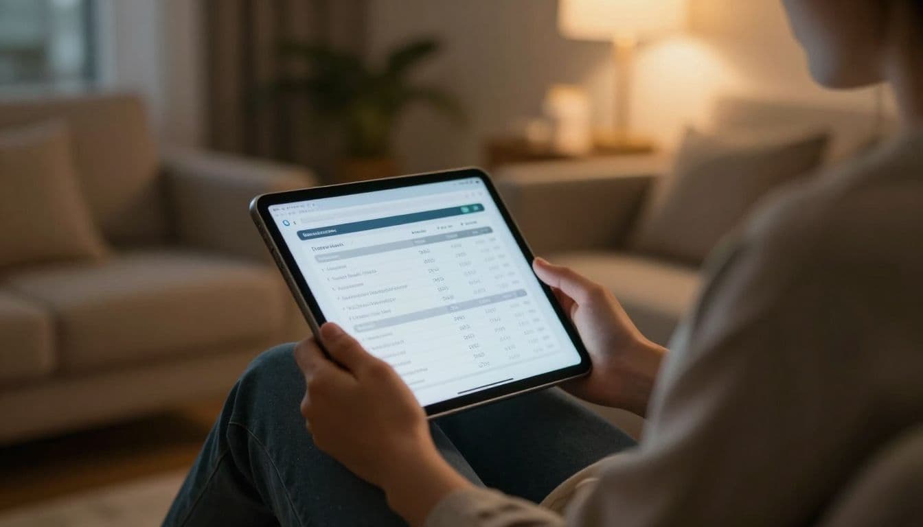 A relaxed individual sits in a sunlit living room chair, carefully reviewing digital charts on a handheld tablet. Warm ambient lighting fills the cozy space, highlighting a tranquil domestic atmosphere.