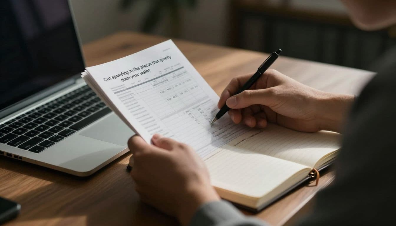 A person sits at a dark desk illuminated by sharp light, carefully examining financial bank statements alongside an open laptop and notebook. Shadows create a moody, focused atmosphere for financial planning.