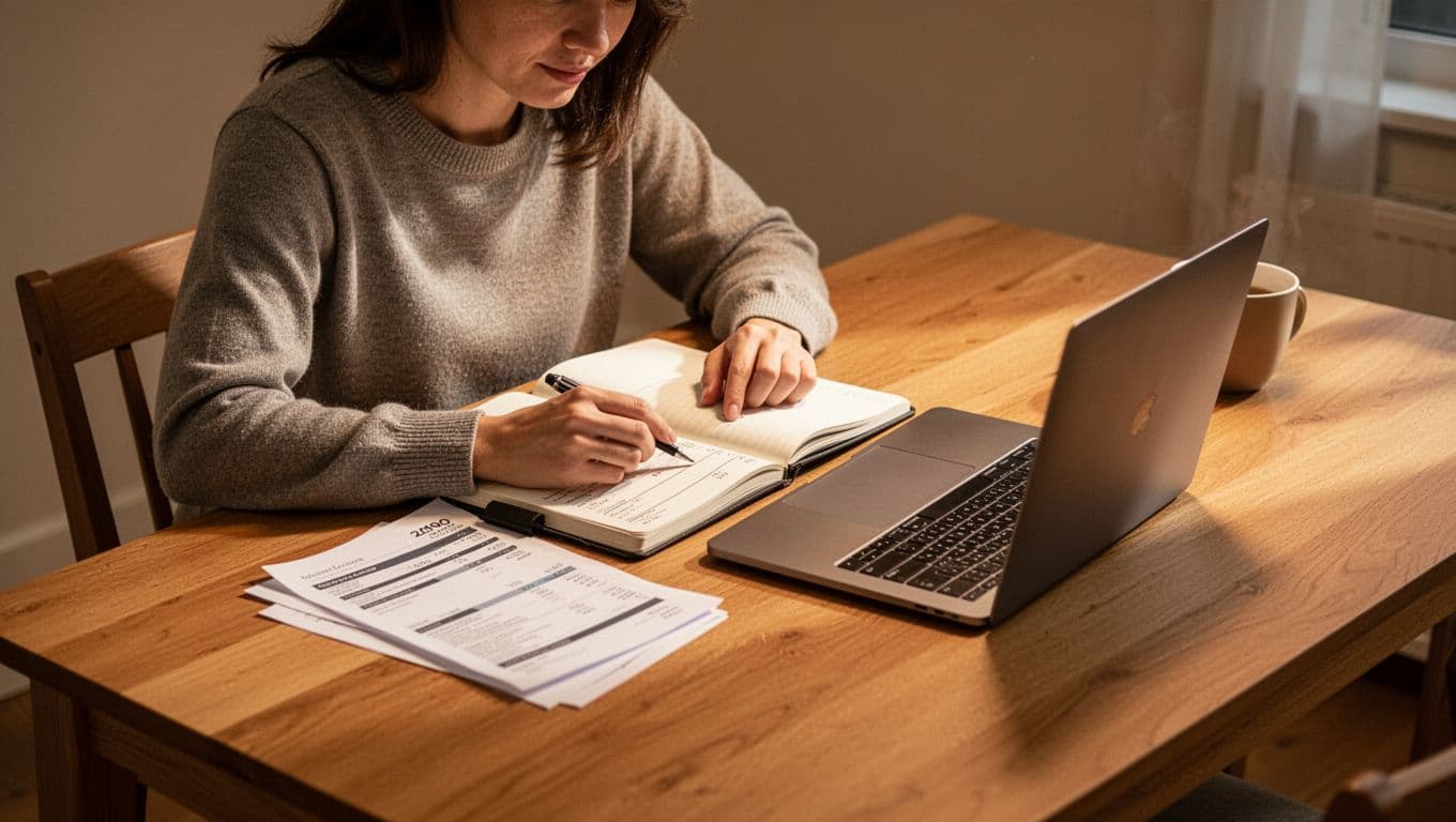 A person sits at a smooth wooden table with an open laptop and notebook. Warm cinematic light highlights their focused task while deep shadows frame the quiet, clutter-free workspace.