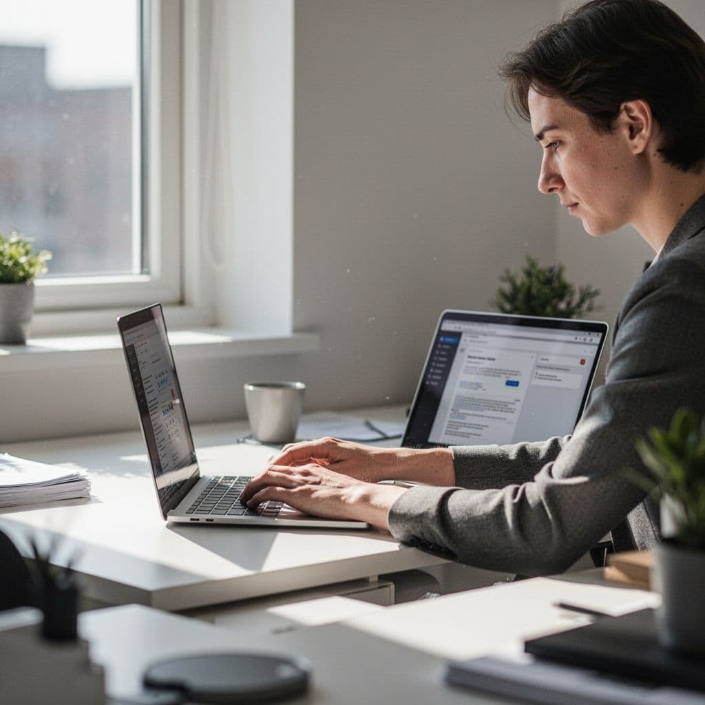 A person sits at a tidy desk reviewing a digital pin description on their laptop screen.