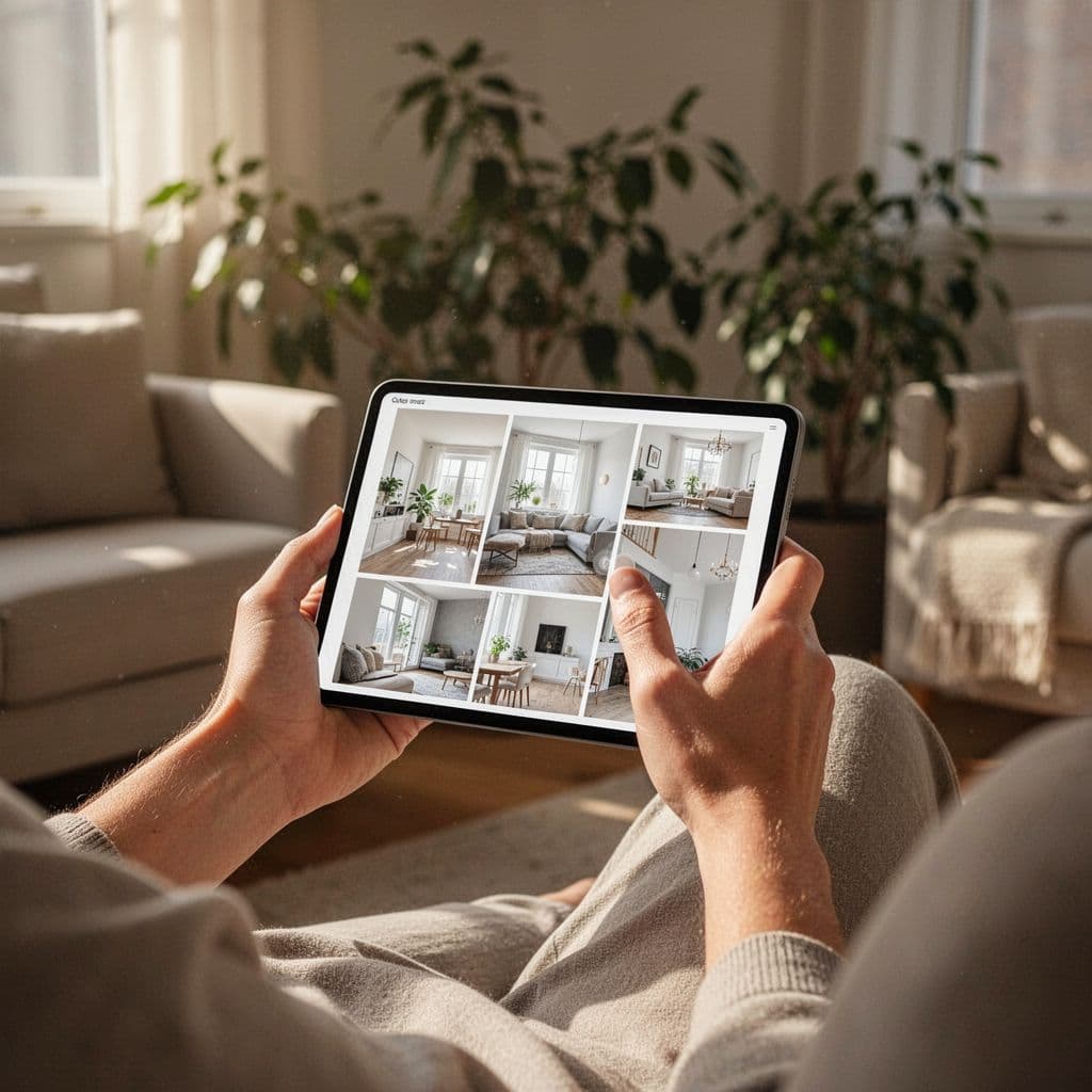 A person holds a smartphone, browsing for home design ideas in a sunlit living room.