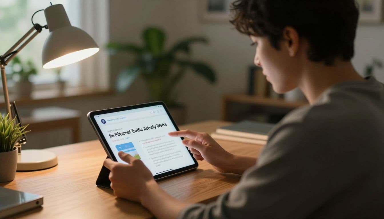 A focused individual interacts with a digital tablet inside a warm home office filled with lush plants. Soft sunlight highlights their profile while a desk lamp provides a cinematic glow.